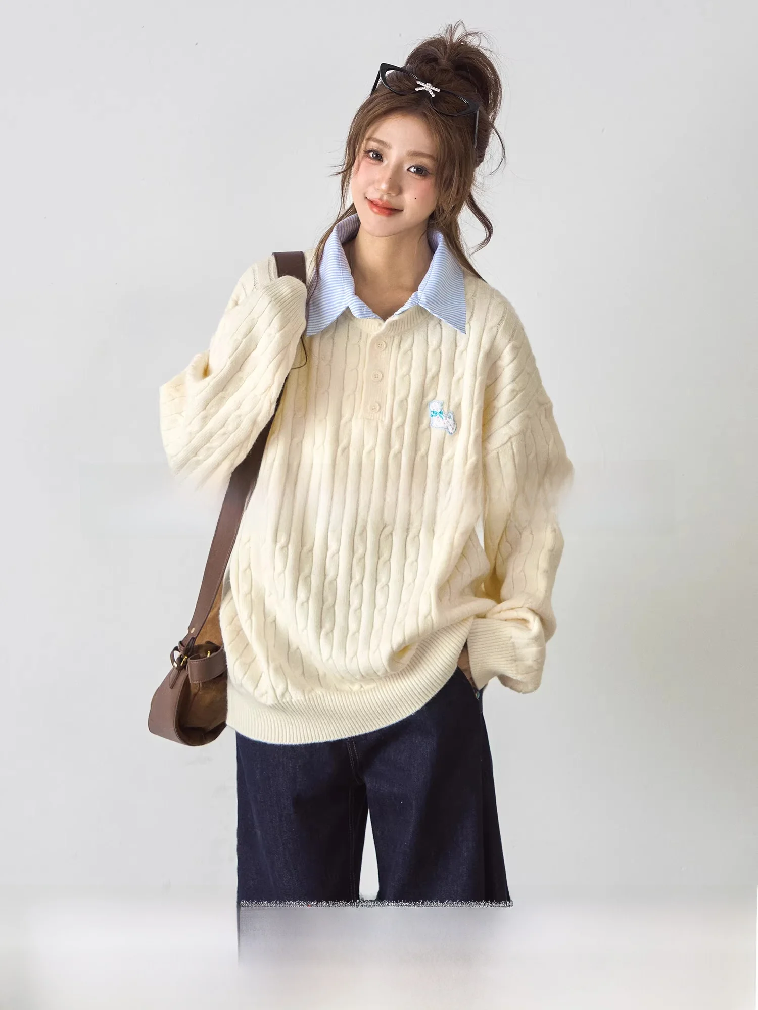 

Cute Little Dog Embroidery Knitted Sweater Women's Korean Sle Lazy Top Fake Two-Piece Long Sve Ne Warmth Spring A...
