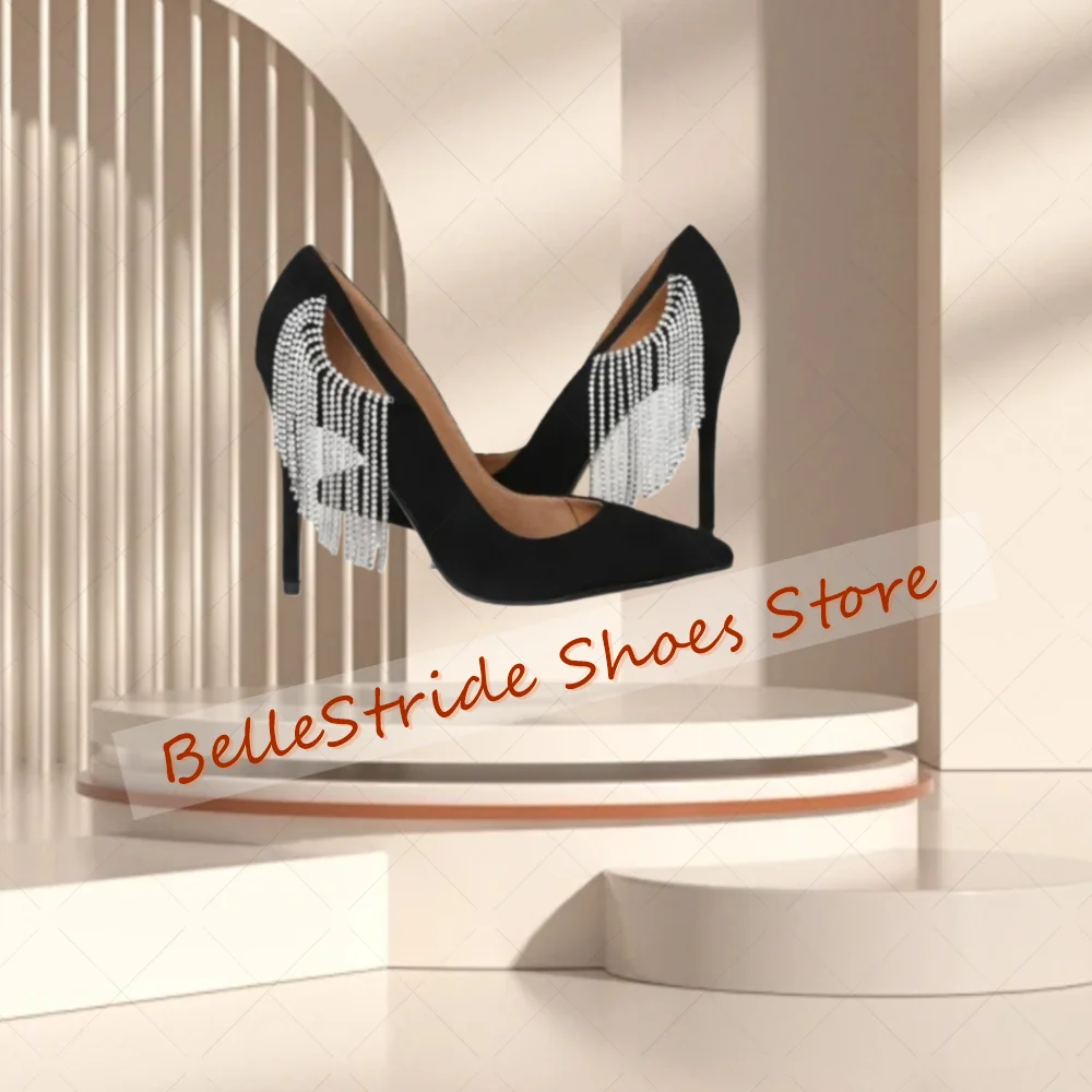 

Black Pointed Toe Tassels Decor Pumps Shoes for Women Stilettos High Heels Fashionable Dinner Party 2025 Zapatos Para Mujeres