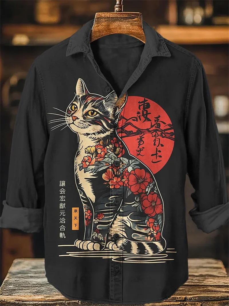 

New men's linen Hawaiian shirt casual long sleeved animal pattern top fashionable retro 3D crane print shirt