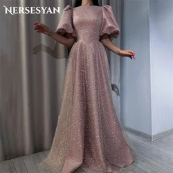 Nersesyan Elegant Puff Sleeves Formal Evening Gowns Glitter O-Neck Party Dresses Floor-Length A Line Graduantion 2023 Prom Gown