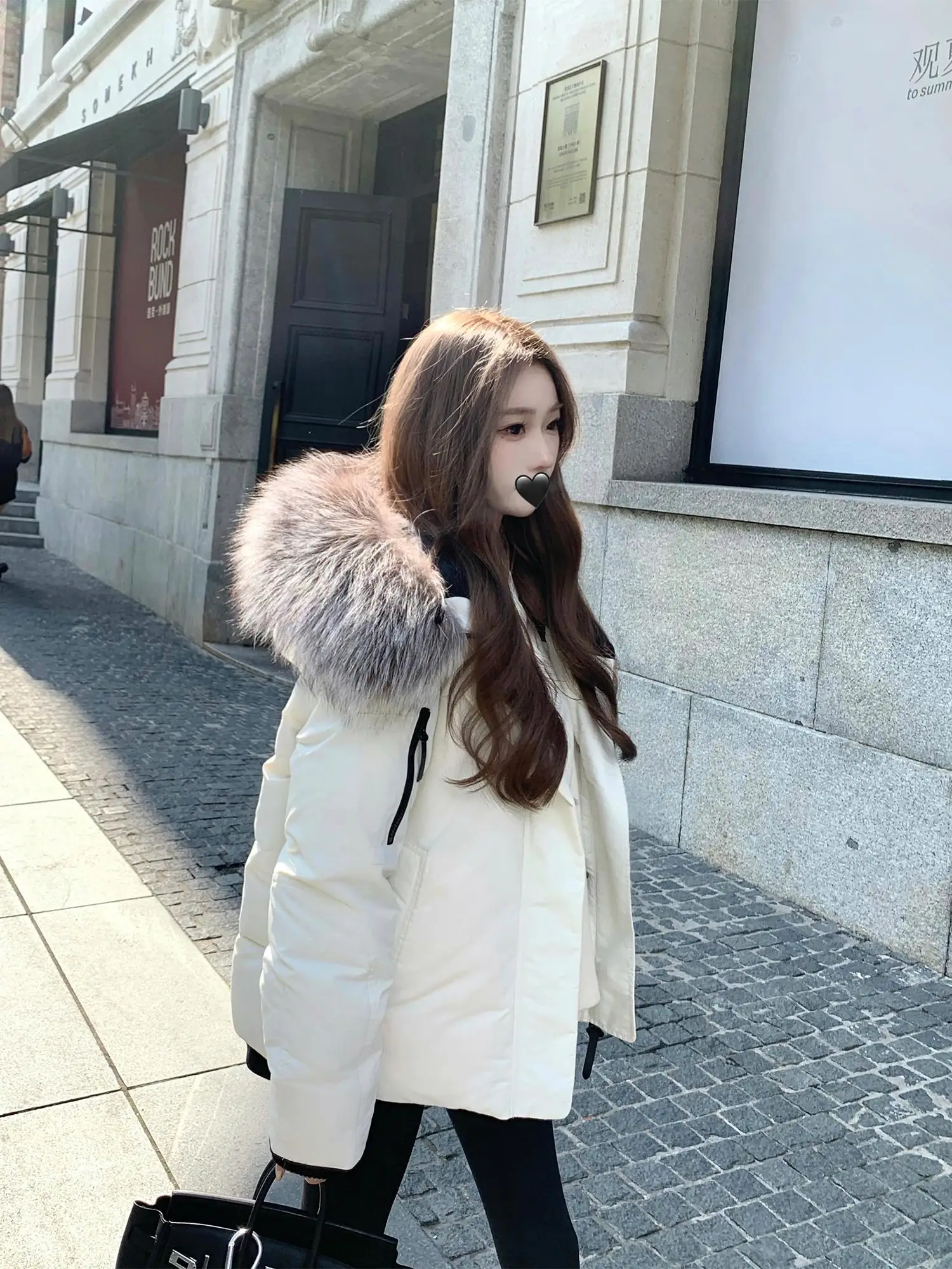 FIGOHR women's casual big fur collar white down cotton jacket hooded jacket 2024 autumn winter