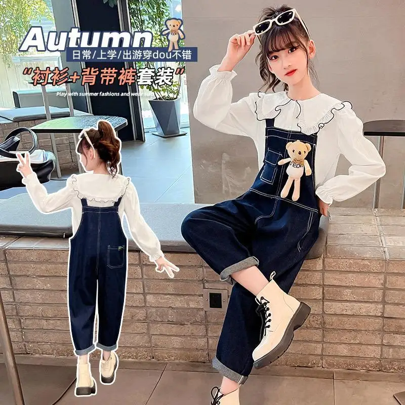 Spring Autumn teenage Girls clothes set cotton white shirt+Denim Strap Trouser 2pcs 4-15 kids suit children jumpsuit outfits