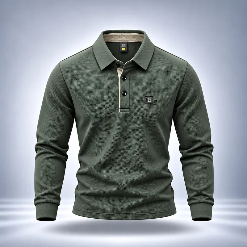 Mens Long Sleeve Polo Shirt Lapel Collar Three Button Placket Small Chest Embroidery Logo Textured Fabric Soft Casual Daily Tops