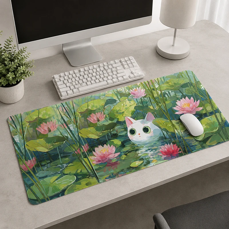 Mouse Pad White Cat Lotus Pond Gaming printon demand Home Large Mousepad XXL Playmat Non-Slip Natural Rubber Laptop Mouse Mats