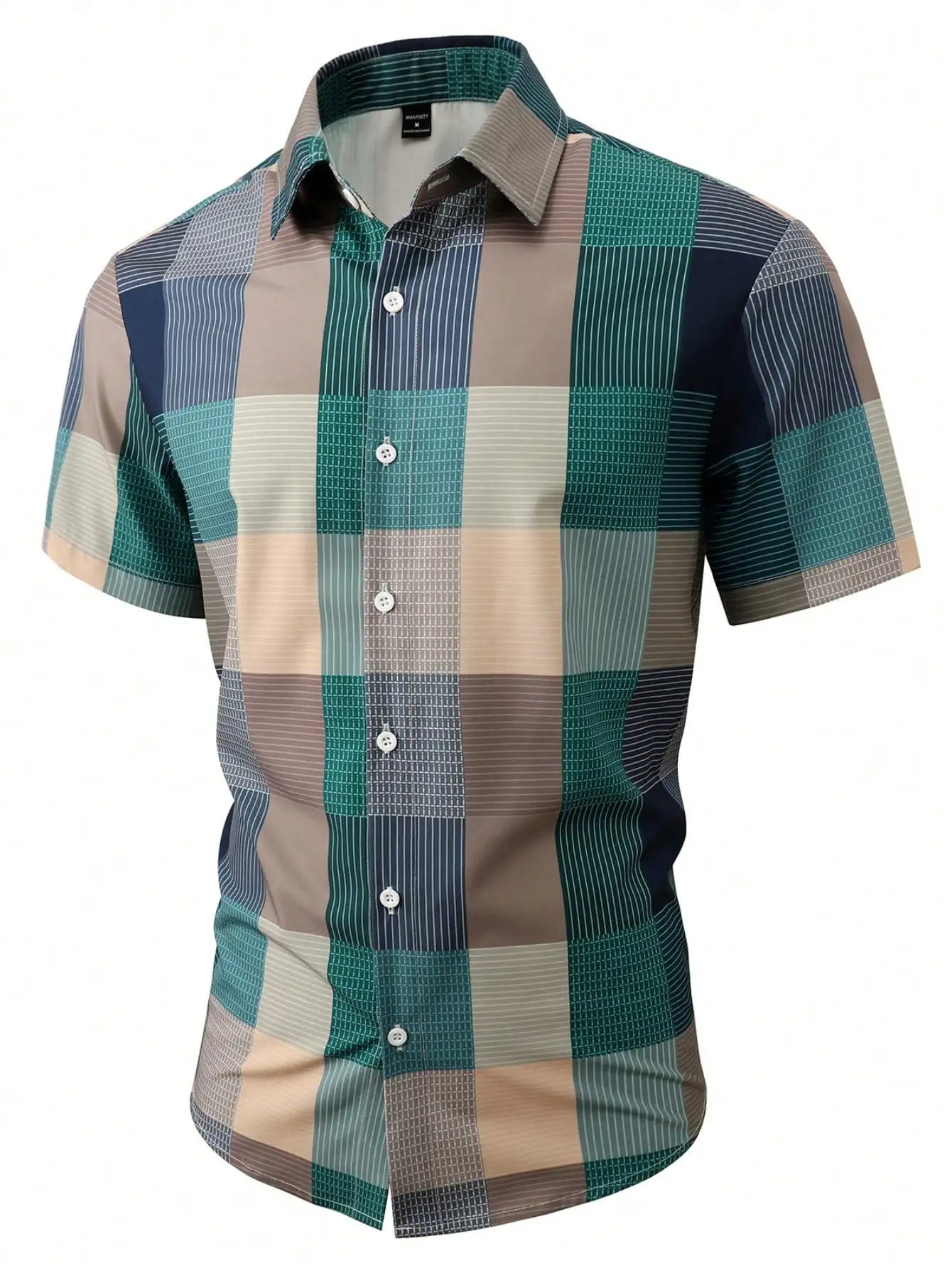 

Men's Short Sleeve Casual Plaid Button-Up Shirt in Green Beige Navy Pattern