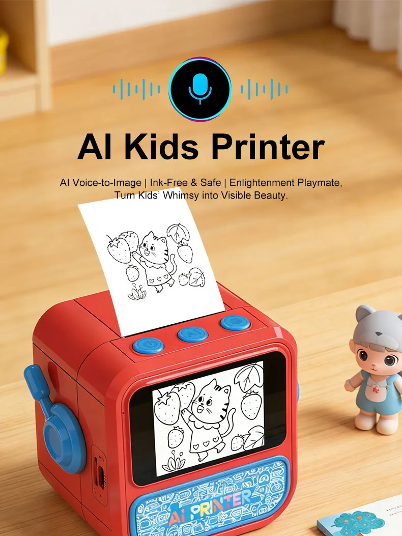 Smart AI Voice Mini Thermal Printer with Display Inkless Portable Sticker Maker 6 Modes for Home Office Study DIY Projects