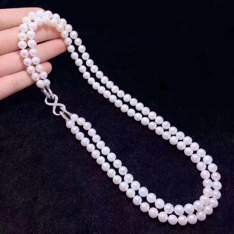 Double Strand 18"19"7-8 Mm Akoya White Pearl Necklace Jewelry Sterling Silver 925