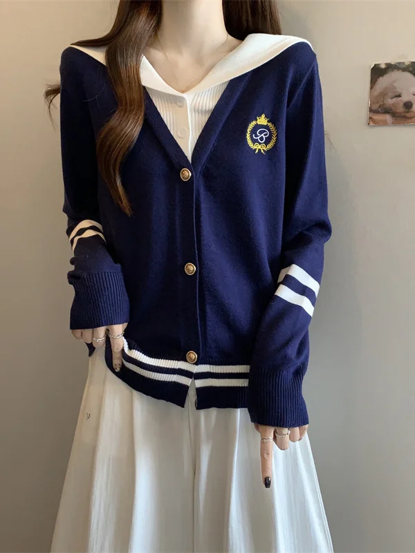 

Женский вязаный кардиган больших размеров с воротником, цвета морской волны, имитация двухслойного свитера, топ-жакет в студенческом стиле для полных женщин