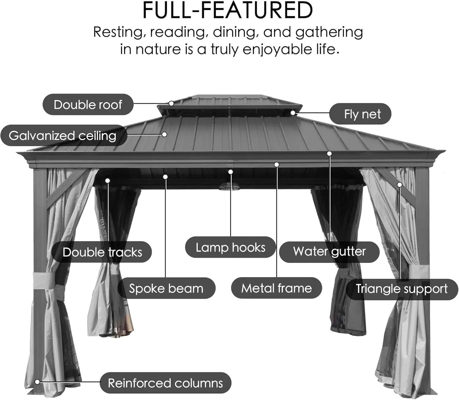 Gazebo con tapa dura de 12' x 18', metal de aluminio con dosel de techo doble de acero galvanizado, patio trasero, terraza, césped (gris)