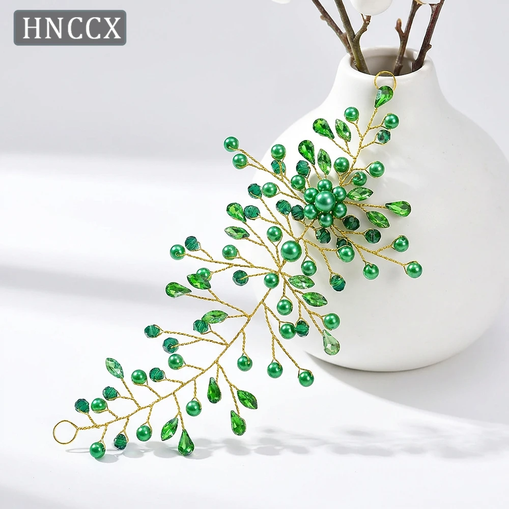 HNCCX Elegant Green Color Pearl Leaf Hair Piece Handmade Crystal Headpiece Bridal Wedding Bridesmaid Prom Hair Accessory HP84