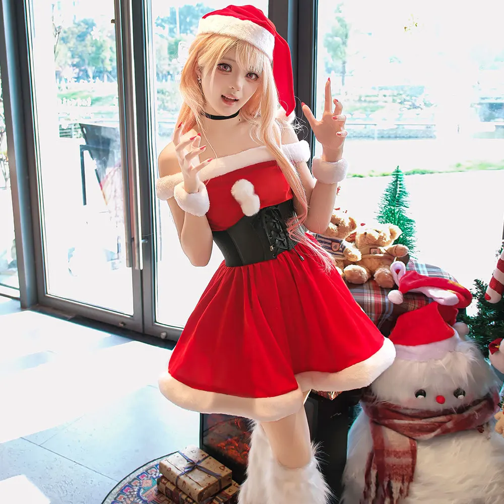 Костюм для косплея My Dress-Up Darling: Новогоднее платье Санты без бретелек для женщин, наряд для вечеринки в стиле аниме на Хэллоуин