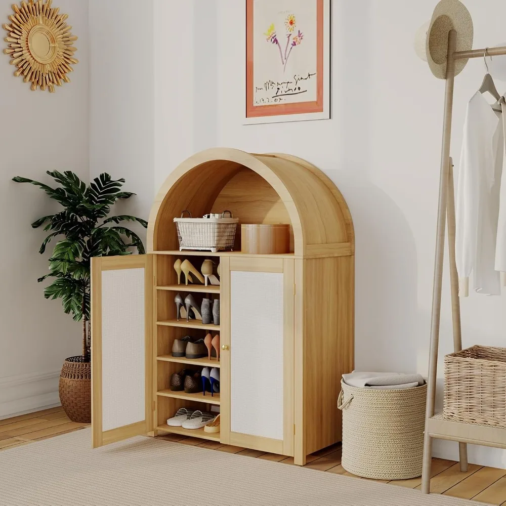 GarveeHome 5 Tier Arched Shoe Storage Cabinet with Rattan Doors, Farmhouse Freestanding Shoe Rack Cabinet with Adjustable Shelve