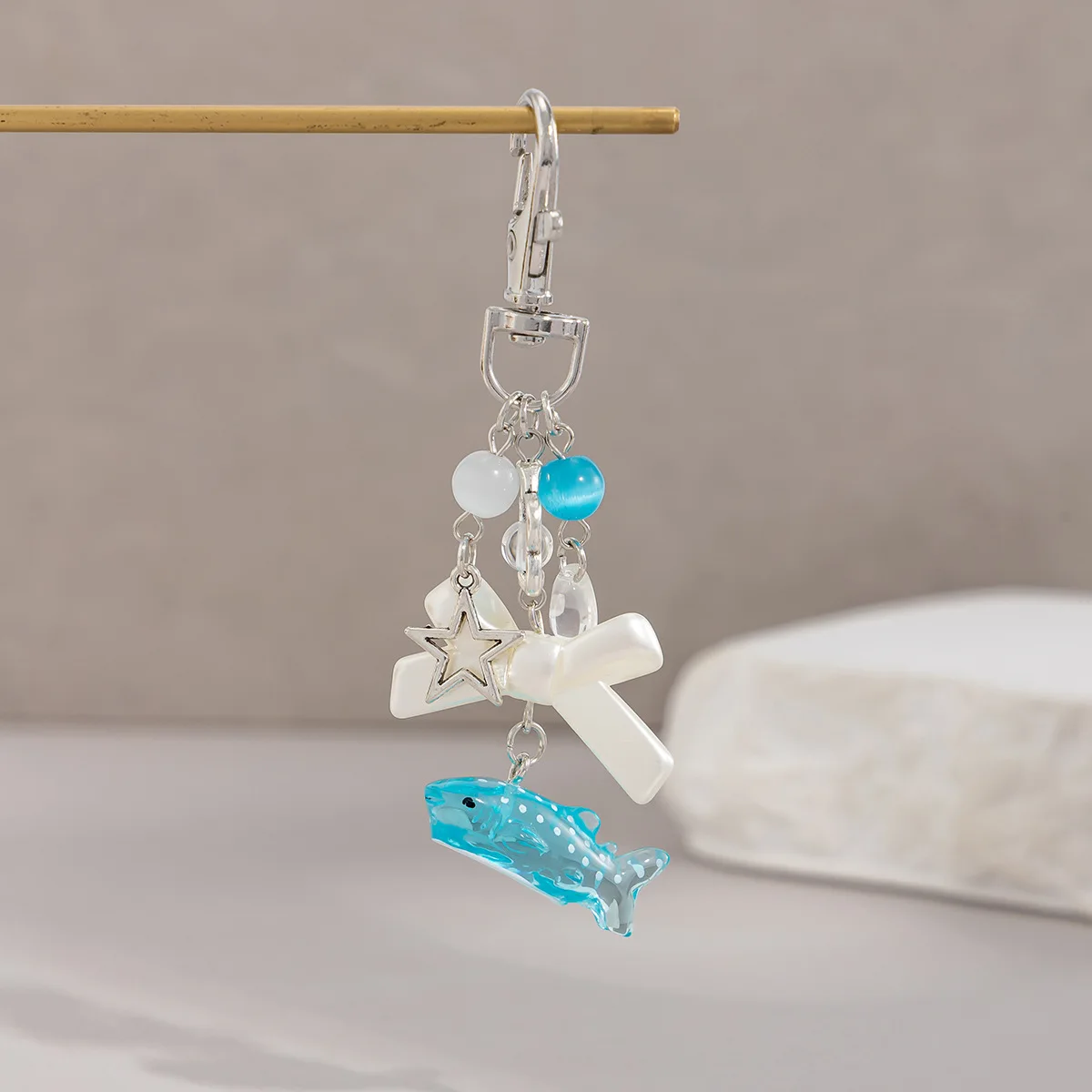 Beaded Star Turtle Keychain with Seashell Dolphin Tassel Ocean Resort Style Nautical Charm for Bag Car Lightweight Alloy