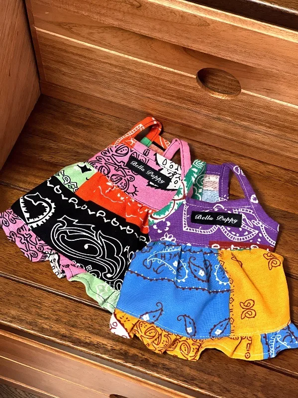 Vintage Patchwork Dog Dress Bohemian Colorful Print Sleeveless Spaghetti Strap Pet Clothes Lightweight Cotton Linen for Puppy