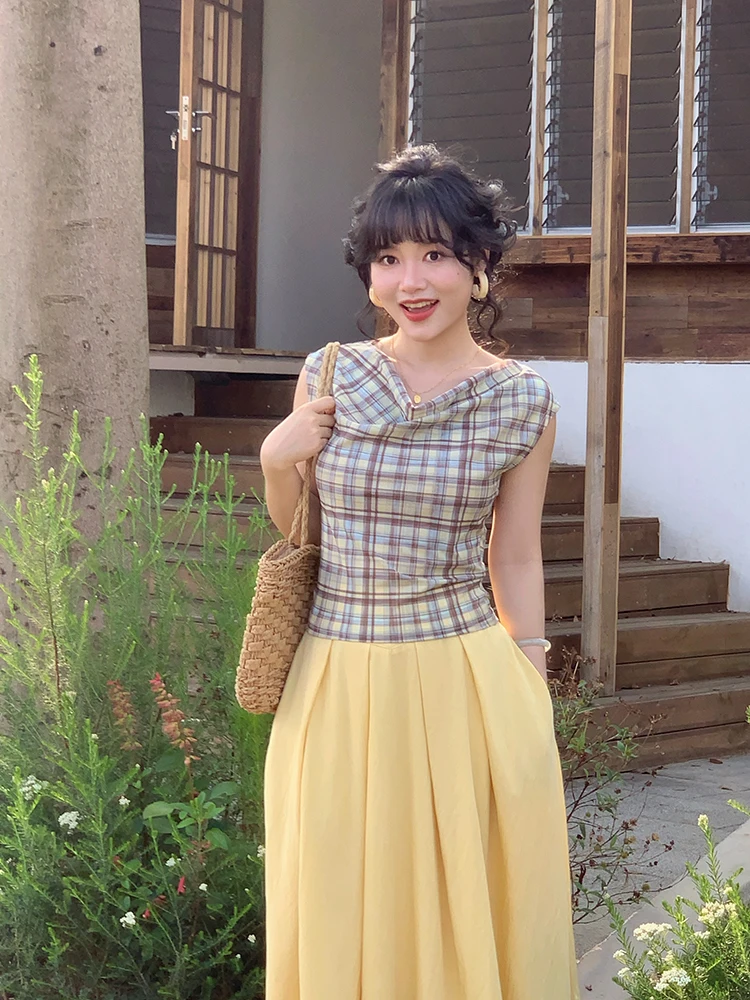 Yuan Ying Retro Elastic Mesh Plaid Halter T-Shirt Women Summer Lightweight Short Style Polyester Fiber Ladies Fashion Top