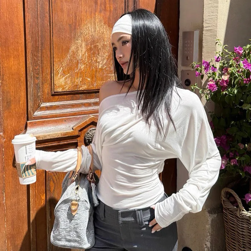 

Solid Inclined Shoulder Batwing Long Sleeve T-shirts Tops 2025 Autumn Women Fashion Sexy Backless Slim Casual Streetwear Tees