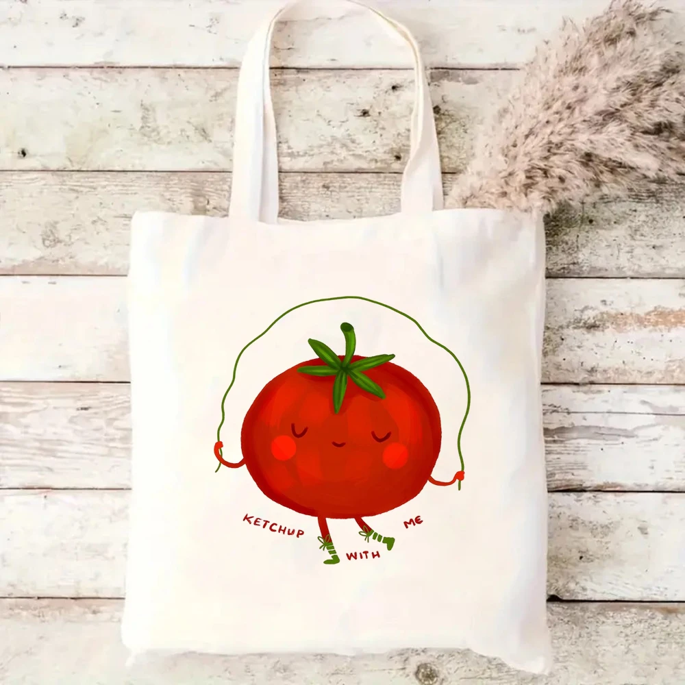 Aesthetic Tomato Canvas Tote Bag Large Capacity Funny Ketchup With Me Printed Reusable School Grocery Shopping Shoulder Bag