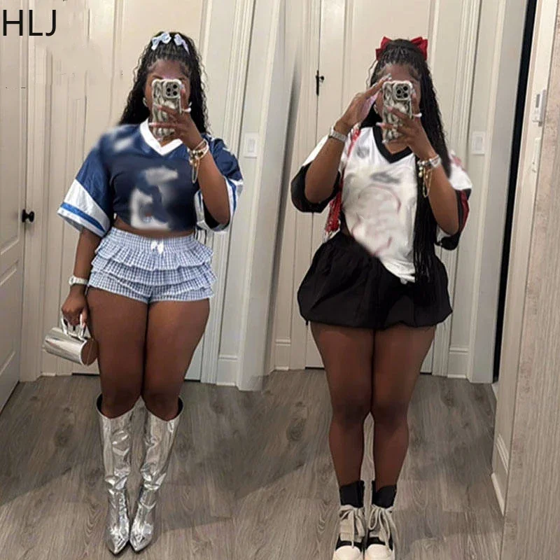 HLJ Y2K Letter Print Loose Tshirts Two Piece Sets Women V Neck Short Sleeve Top And Mini Puffy Skirts Outfits Fashion Streetwear