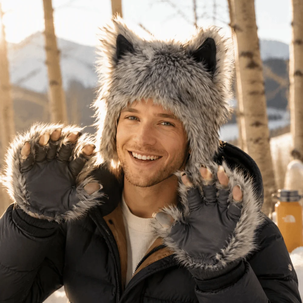 Grey Wolf Paw Cosplay Set Fluffy Texture Hairy Wolf Hat with Ears Faux Fur Animal Halloween Costume Gloves Carnival Party