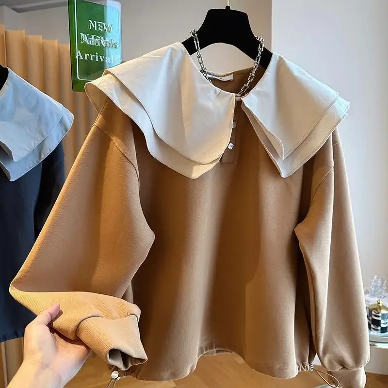 Women Trendy Double-Layer Peter Pan Collar Cute Sweet Sweatshirt Loose Streetwear Y2K Oversized Hoodie Long Sleeve Pullover Tops