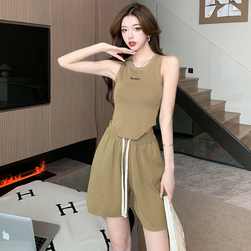 

Sling Tank Top and Shorts for Women Casual Camisole Track Shorts Scoop Neck High Stretch Solid Color Summer Suit 2 Pieces Set