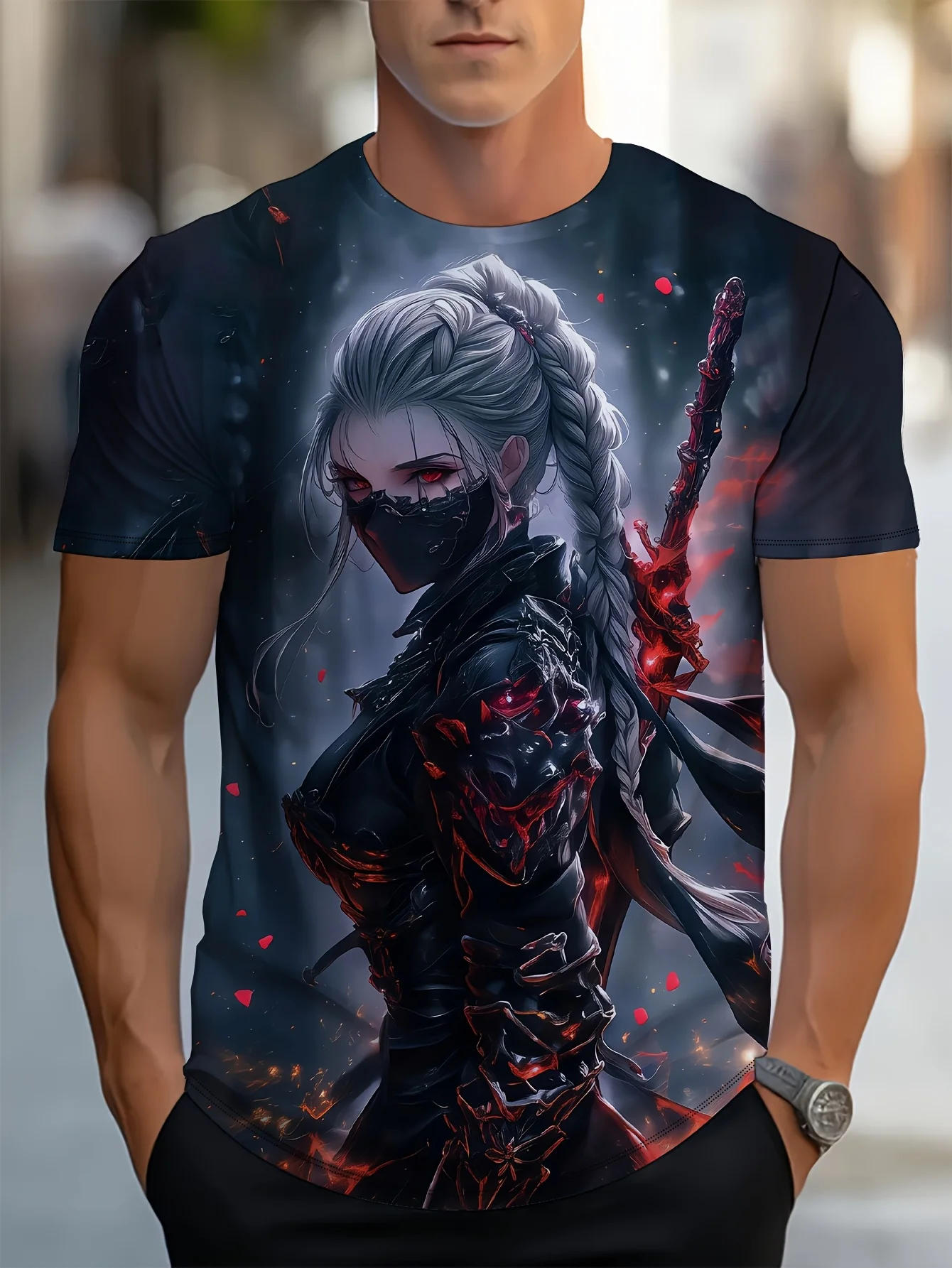 Men Dark Fantasy Female Assassin T-Shirt,White Hair Red Eyes Demon Sword Art,Quick Dry Breathable Streetwear Summer Casual Wear