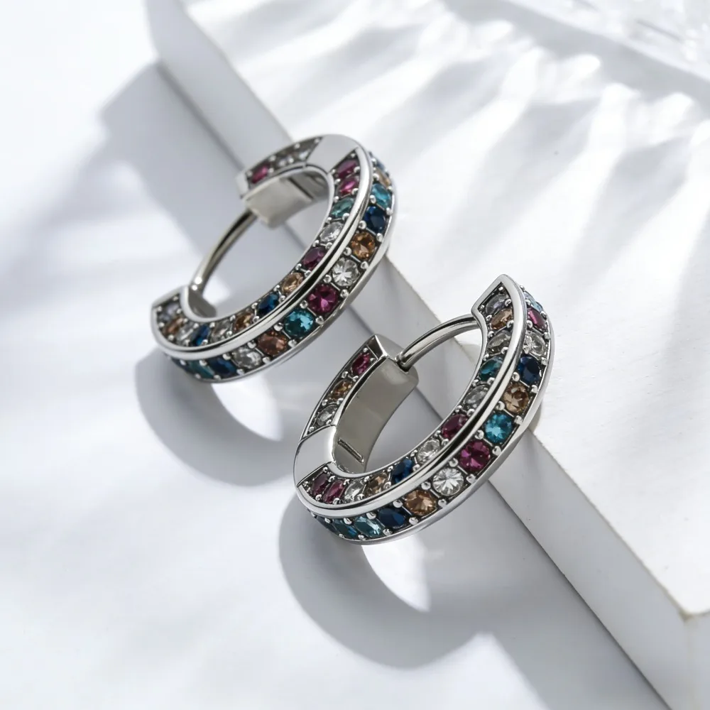 1 Pair of Fashionable Colorful Bohemian Style Medium-Sized Hoop Earrings, with Multiple Rows of Colorful Gemstones Densely Arranged on the Hoop Surface, Eye-Catching Design for Music Festivals/Parties, Everyday Wear to Brighten up Basic Outfits, Photogenic Accessories for Weekend Getaways, Themed Birthday Parties or Celebrations, Artistic Exhibitions or Market Outings, Personalized Fashion Items for Girls' Gatherings