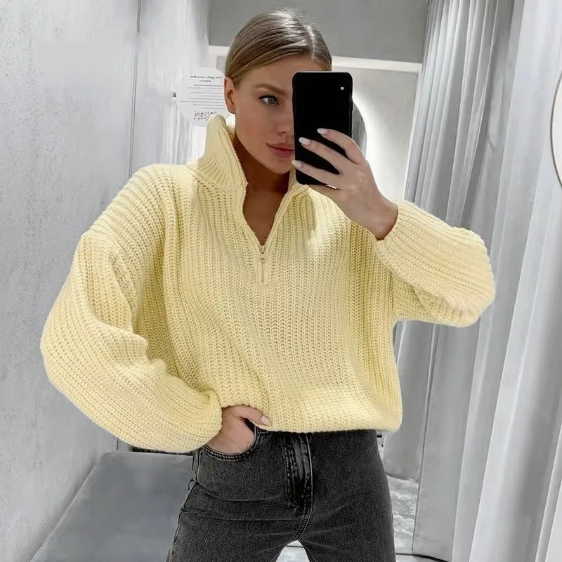 Pullover Damen Strickpullover Rollkragen Y2k Streetwear Elegante Langarm-Pullover Lässige Arbeitskleidung mit Reißverschluss Oberbekleidung Herbst 2026