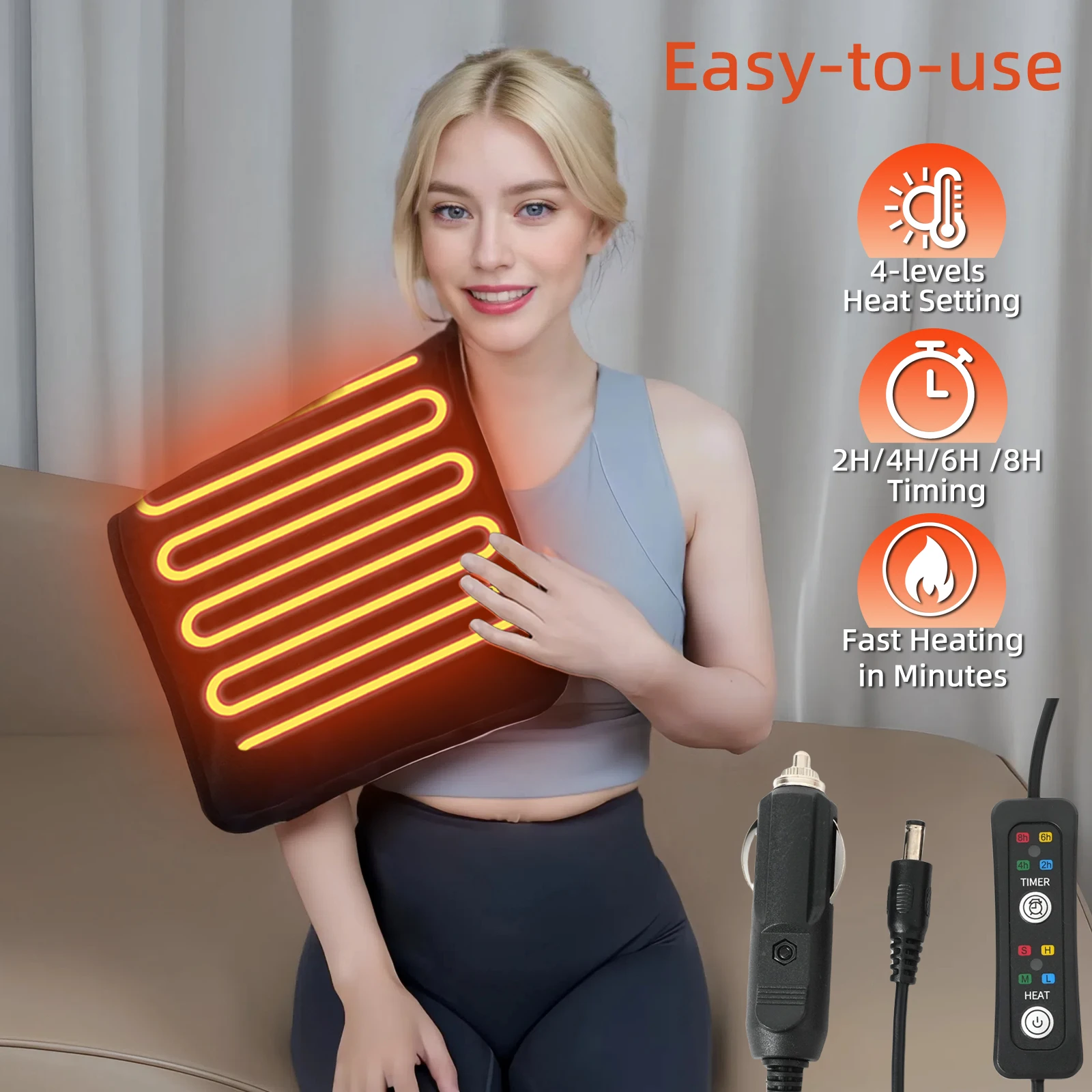 

12V Car Electric Heated Blanket for Back Shoulder Abdomen and Leg 4 Heat Setting 2/4/6/8H Timer Setting Portable Mini Travel