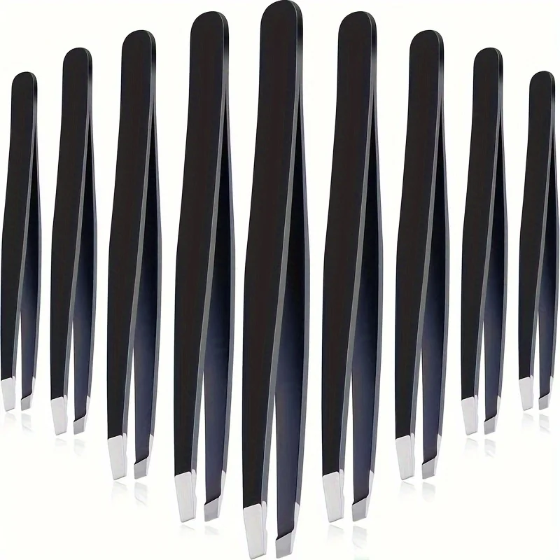 12Pcs Hair Removal Tweezers Stainless Steel Eyebrow Tweezers Slanted Black Tip Point Face Harmless Makeup Beauty Tool Black