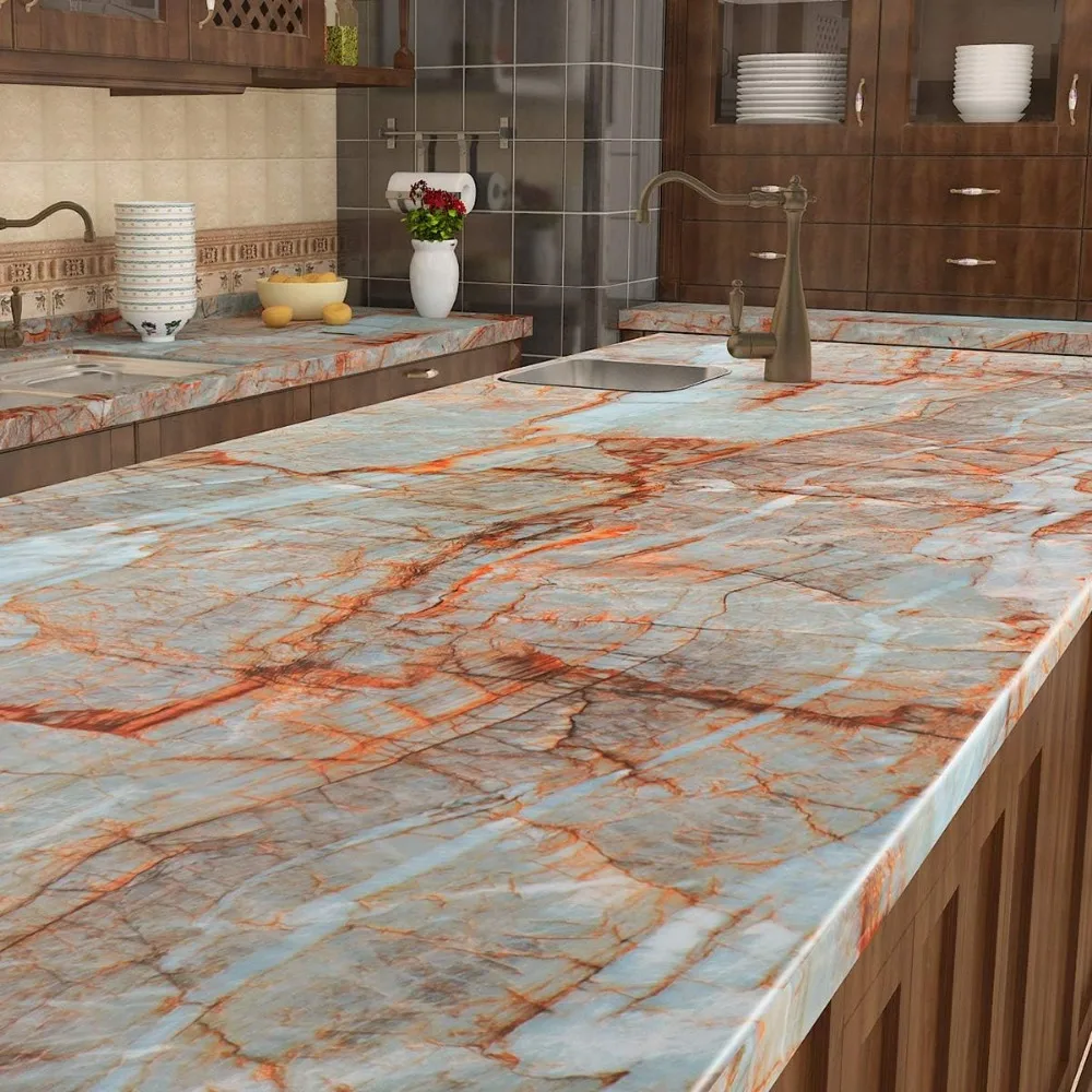 ورق اتصال قابل للتقشير واللصق من الرخام الفيروزي مقاوم للماء لأسطح الكونترتوب والحمامات، ورق جدران لاصق عريض 24 × 394