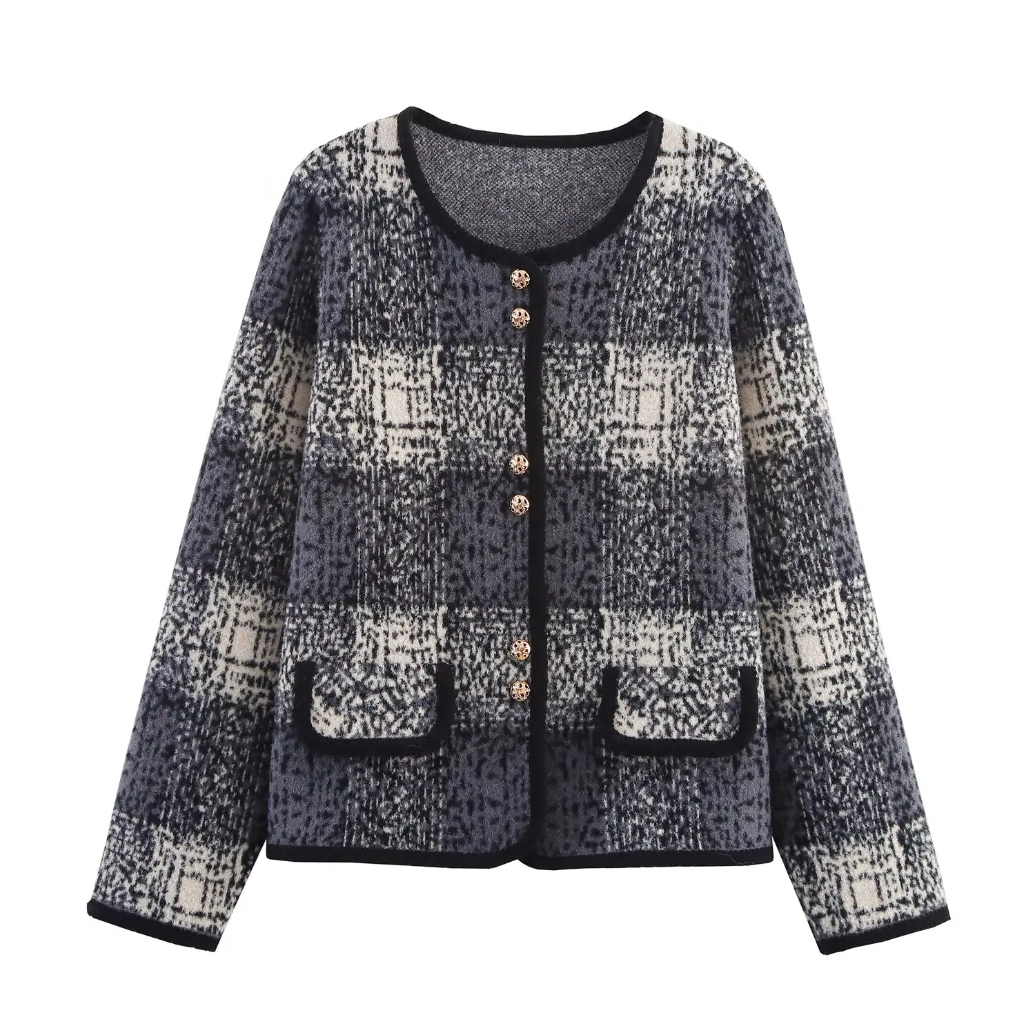 

Korejepo New Women Clothing European American Style Round Neck Double Button Checkered Contrasting Knitted Long Sleeved Jacket
