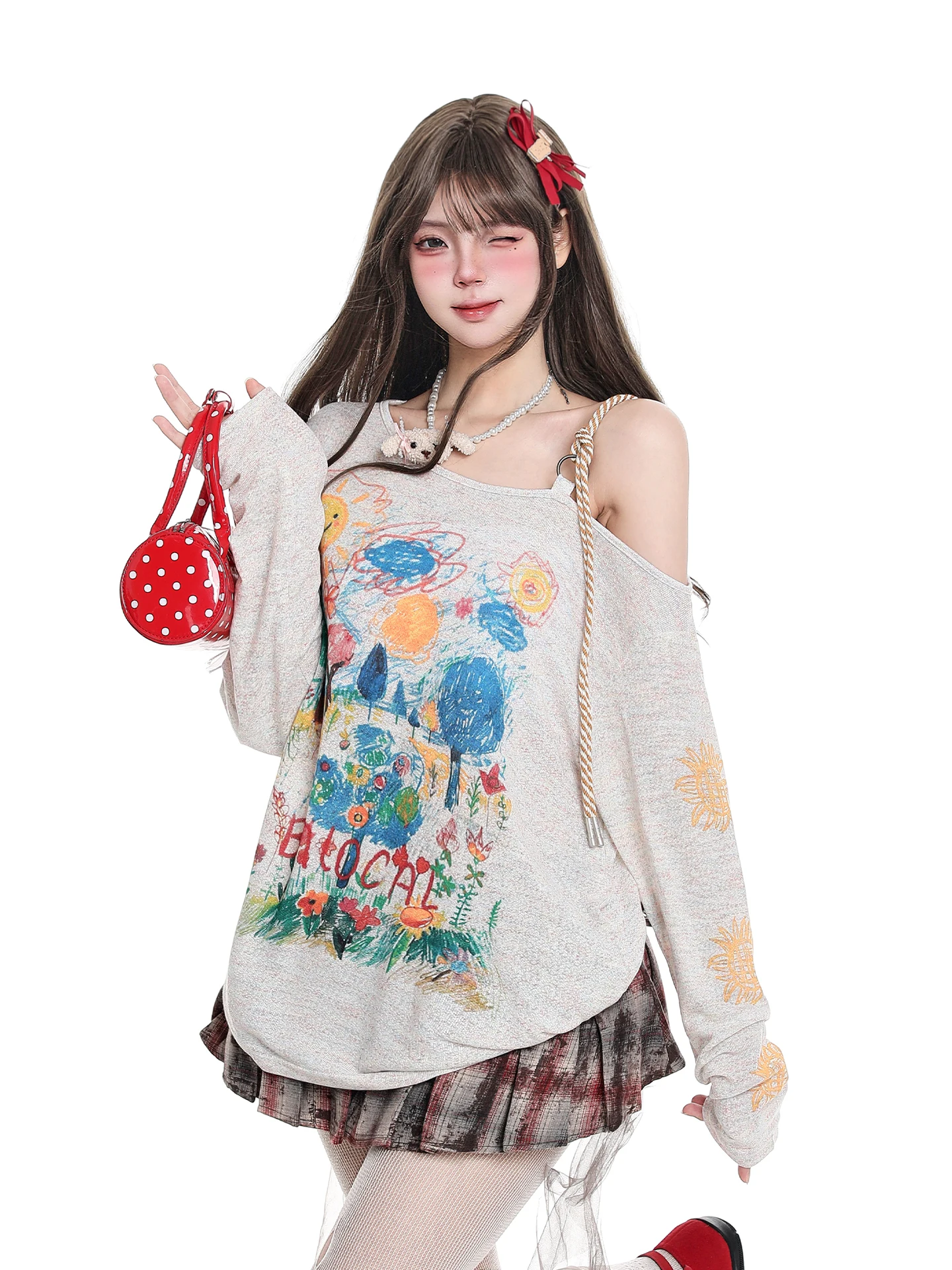 Sweet Graffiti Print Long Sleeve T-Shirt Women's Summer New Design Sensation Sunscreen Shoulder Baring Top Korean Style Loose...