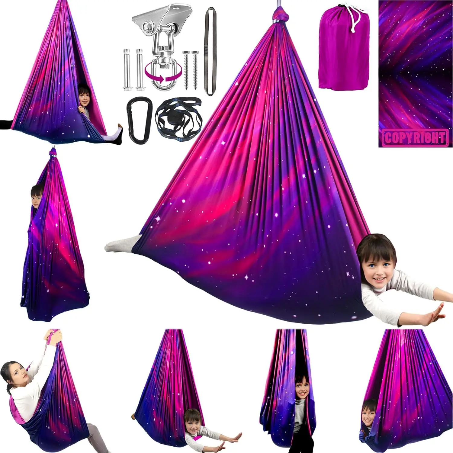 

Double Layer Sensory Swing for Adults, 300lbs Capacity, Indoor Outdoor Therapy with 360° Swivel Hanger Kit (Galaxy Purple)