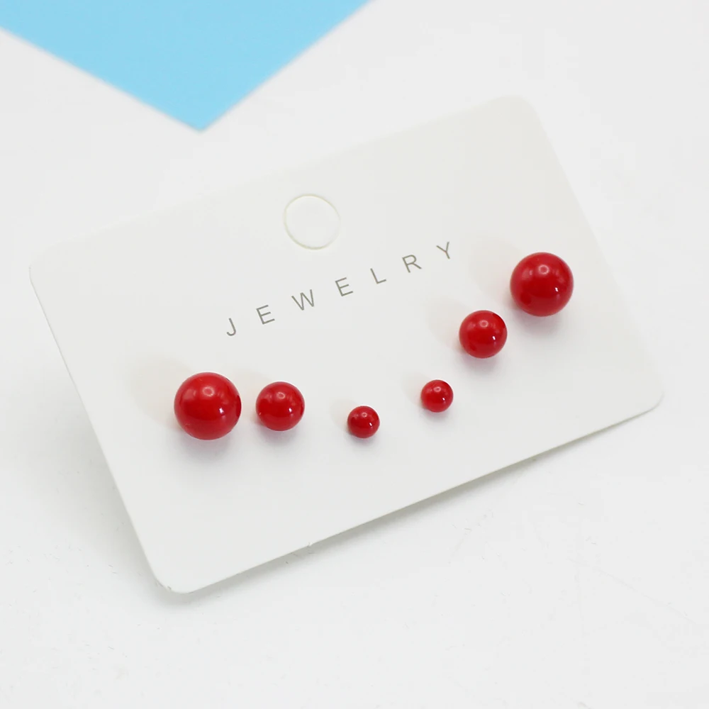 4mm 6mm 8mm 3Pairs/Lot Red Color Round Imitation Pearl Stud Earring for Women Romantic Temperament Jewelry Accessories Gift