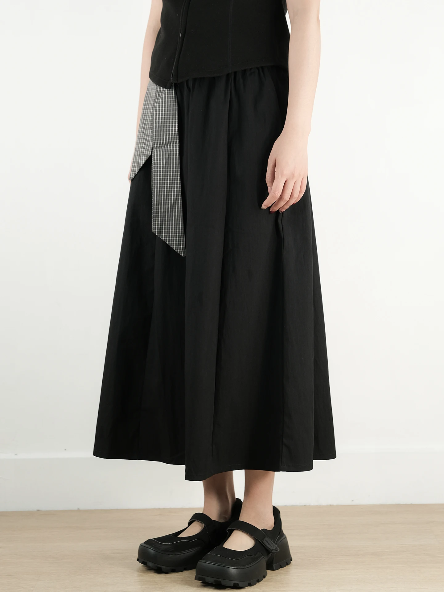 Spring Summer New Plaid Belted A-Line Midi Skirt Black Versatile Simple Design High Waist Cotton Half Body Skirt by Deer People