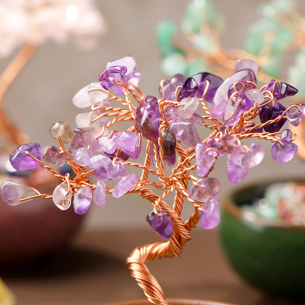 Natural Crystal Chip Stone Lucky Wealth Tree Bowl Shape Copper Wire Wrapped Feng Shui Trees Reiki Healing Tabletop Ornaments