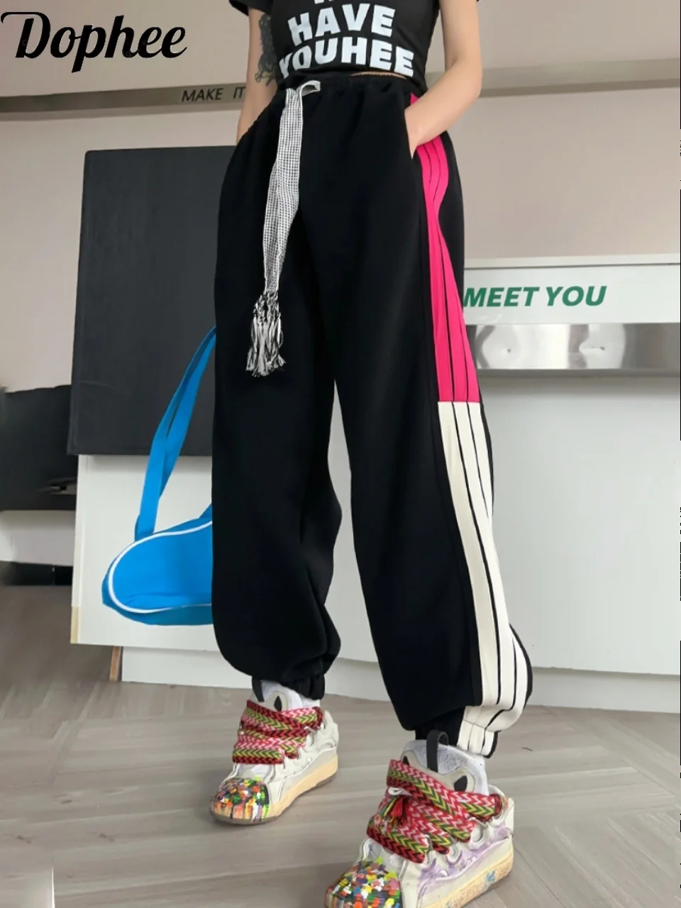 

Dophee 2024 New Spring Sports Casual Trousers Contrast Color Side Stripes Loose Sweatpants Elastic Waist Women Harem Pants