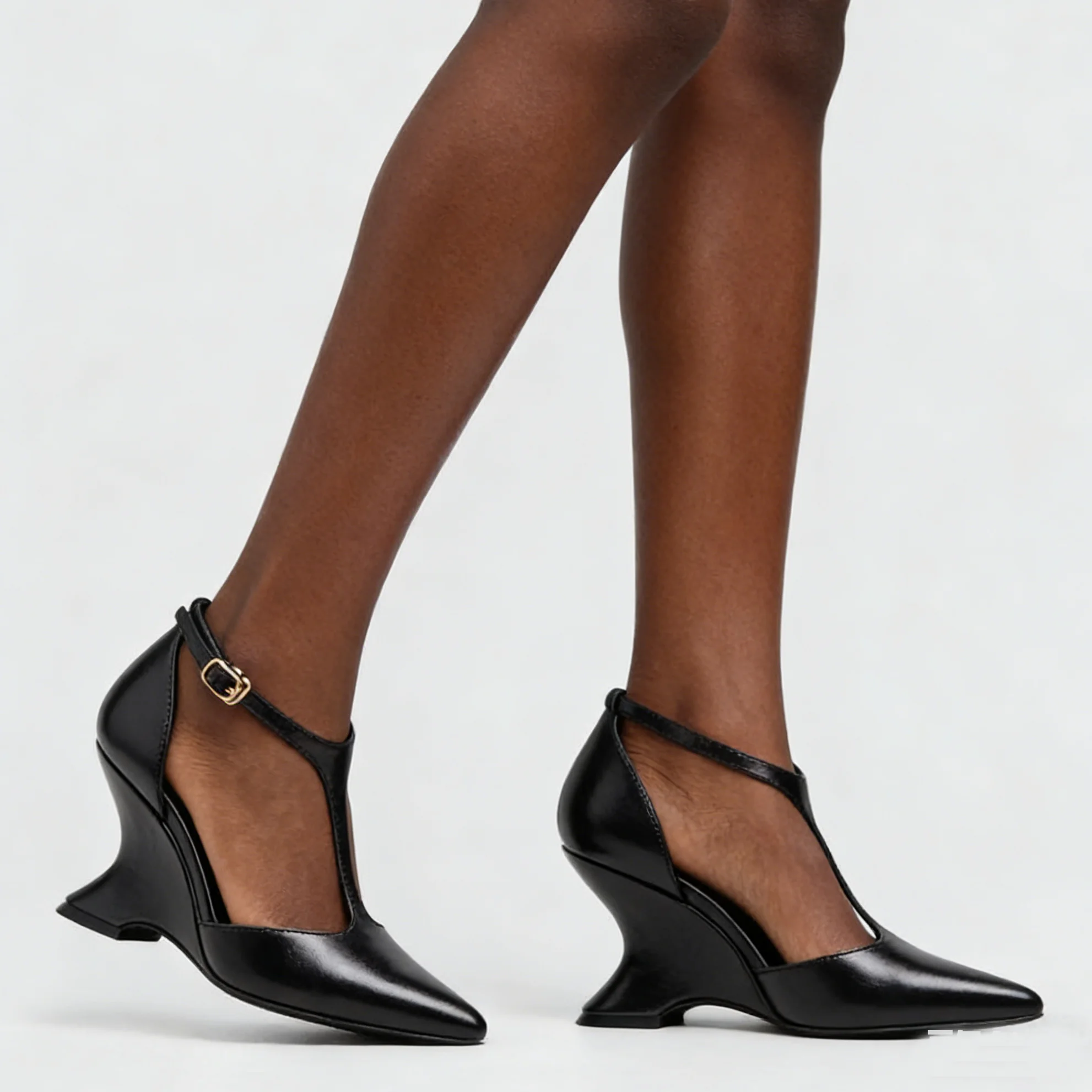 

Black Leather Pointed Toe Wedge Heels Sandals Women T-Strap Ankle Buckle Side Hollow Pumps Fashion Party Evening Shoes