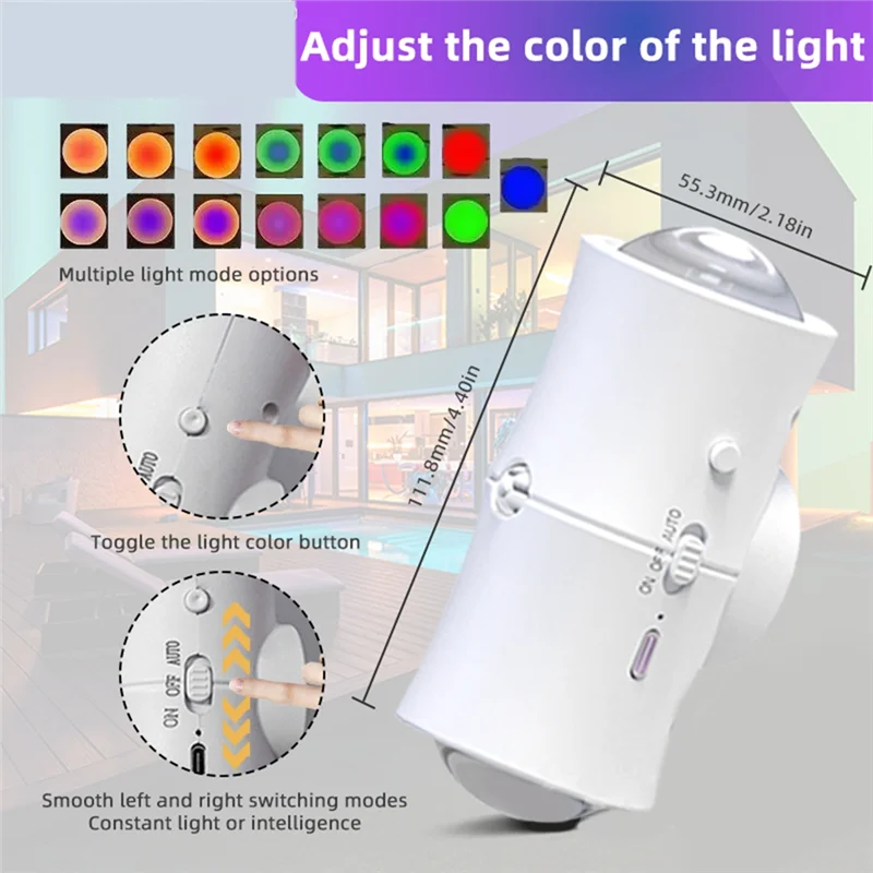 ABDJ-USB 충전식 RGB 듀얼 헤드 모션 센서 LED 벽 램프 침실 복도 계단 야간 조명용 7색 조명