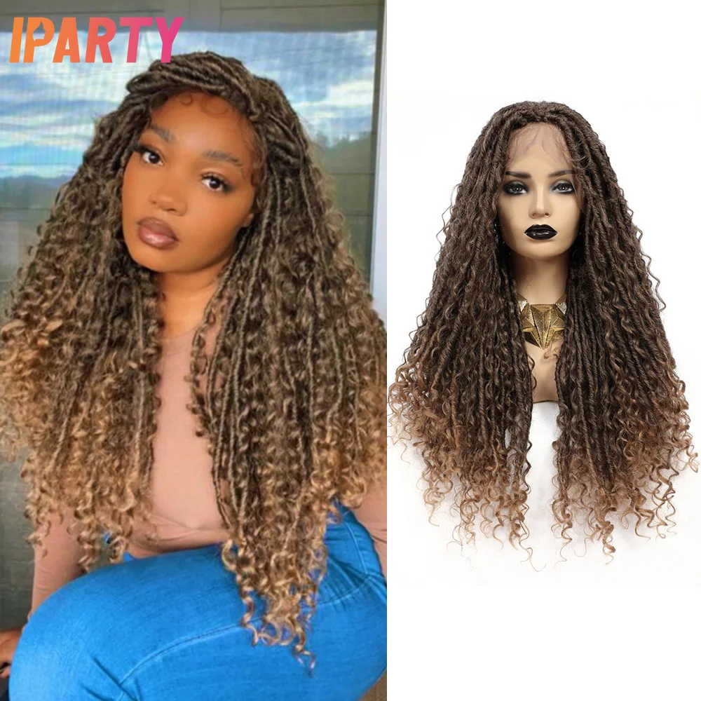 Faux locs Braided Lace Front Wigs with Ombre Brown Crochet Braid Hair Curly Goddess Locs Braids Wig 30 Inch Middle Part Lace Wig