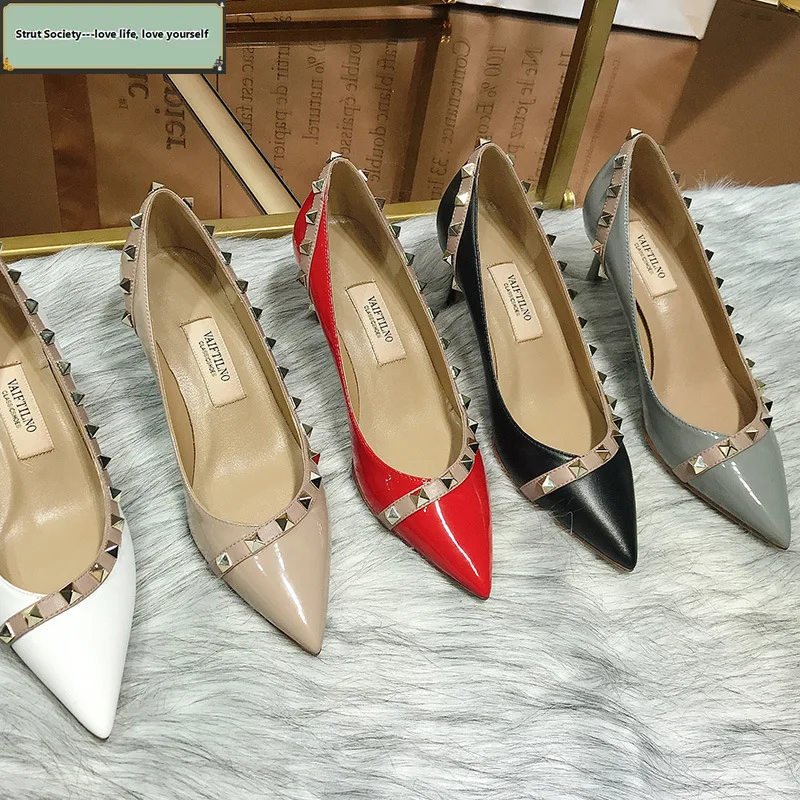 

2025 Popular Pointed Toe Patent Leather Rivet Stud High Heels Shoes Banquet Party WeddingShoes Nightclub High Heels Women Shoes