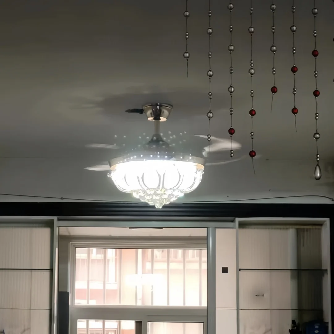 Crystal Ceiling Fan Noiseless DC Motor Dimmable 3 Color Retractable Ceiling Fan with Light Chandelier Ceiling Fan for Bedroom