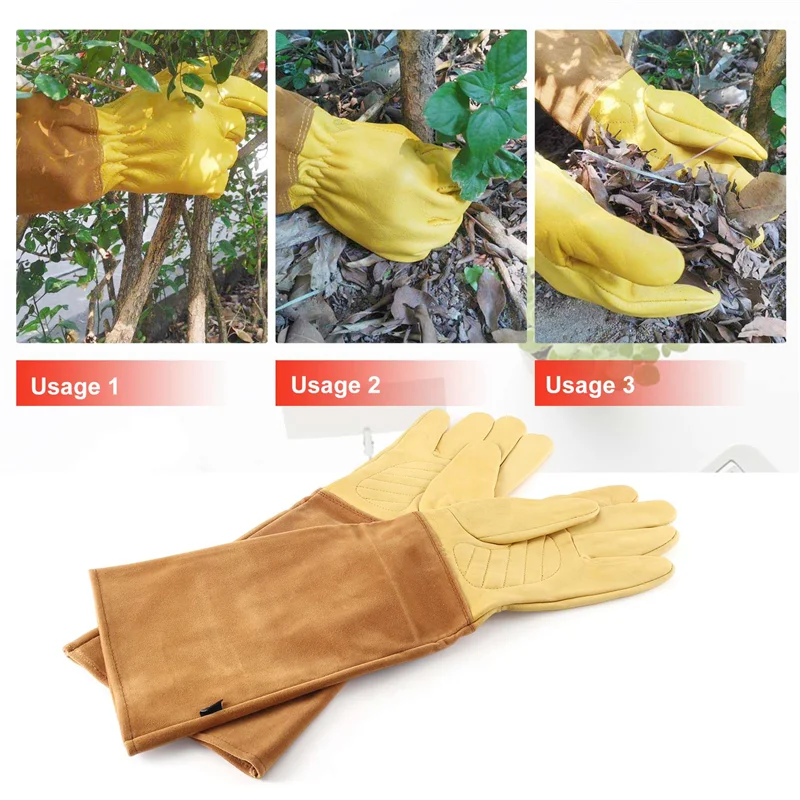 

ABJI-Gardening Gloves For Women And Men Thron Proof Rose Pruning Cow Leather Gloves With Long Forearm Protection Gauntlet