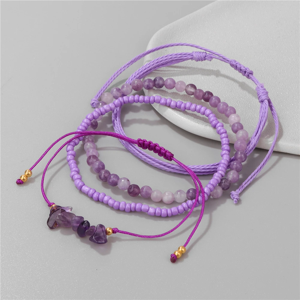 4PCS/Set Orange Aventurine Beads Woven Rope Bracelets Rice Beaded Chip Bracelets Adjustable Braided Bracelets Women Girl Gifts