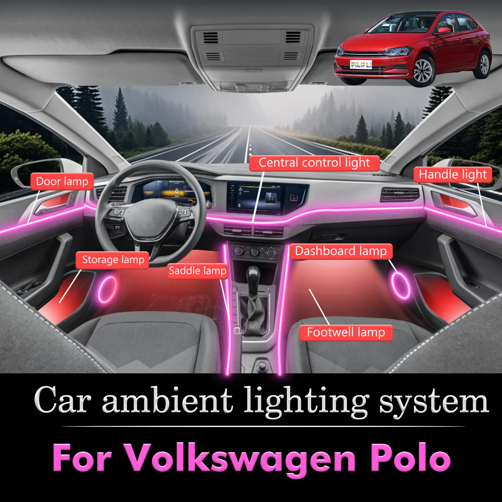 

For Volkswagen Polo Smart Remote Control Car Interior Ambient Light RGB 64 Colors LED Energy Saving Efficient Lamp Kit
