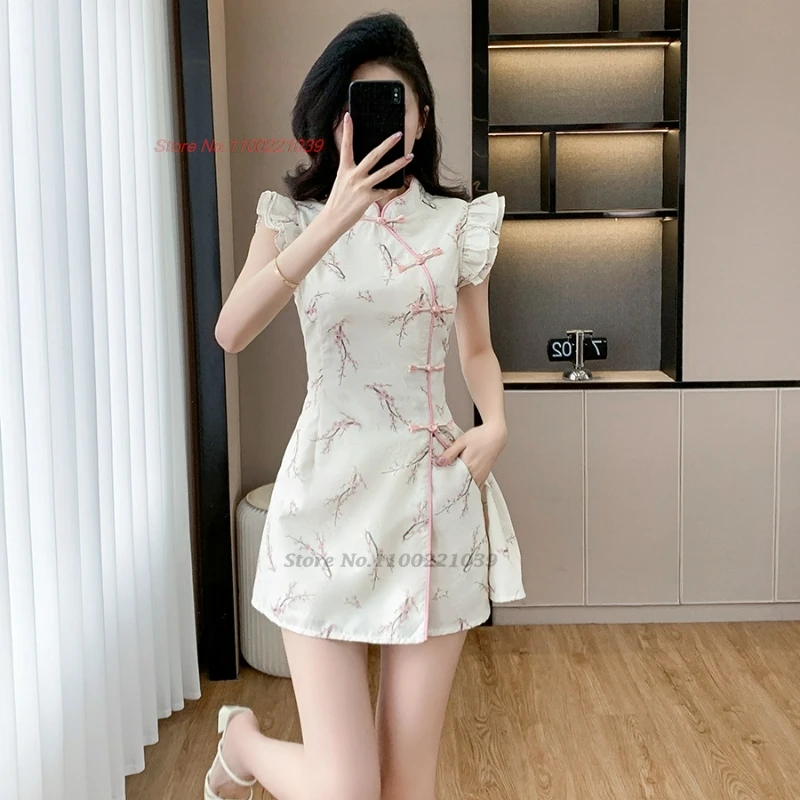 

2026 chinese nightclub dress national flower print qipao improved cheongsam dress+shorts hotel spa work dress beauty uniform