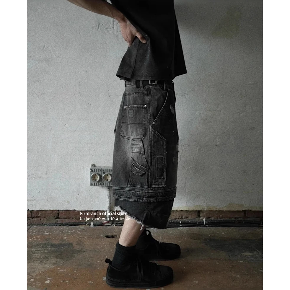 Firmranch Archive Fashion Destruction Wash Jorts Oversized Cropped Pants Retro Splicing Old Denim Paratrooper Jeans Shorts