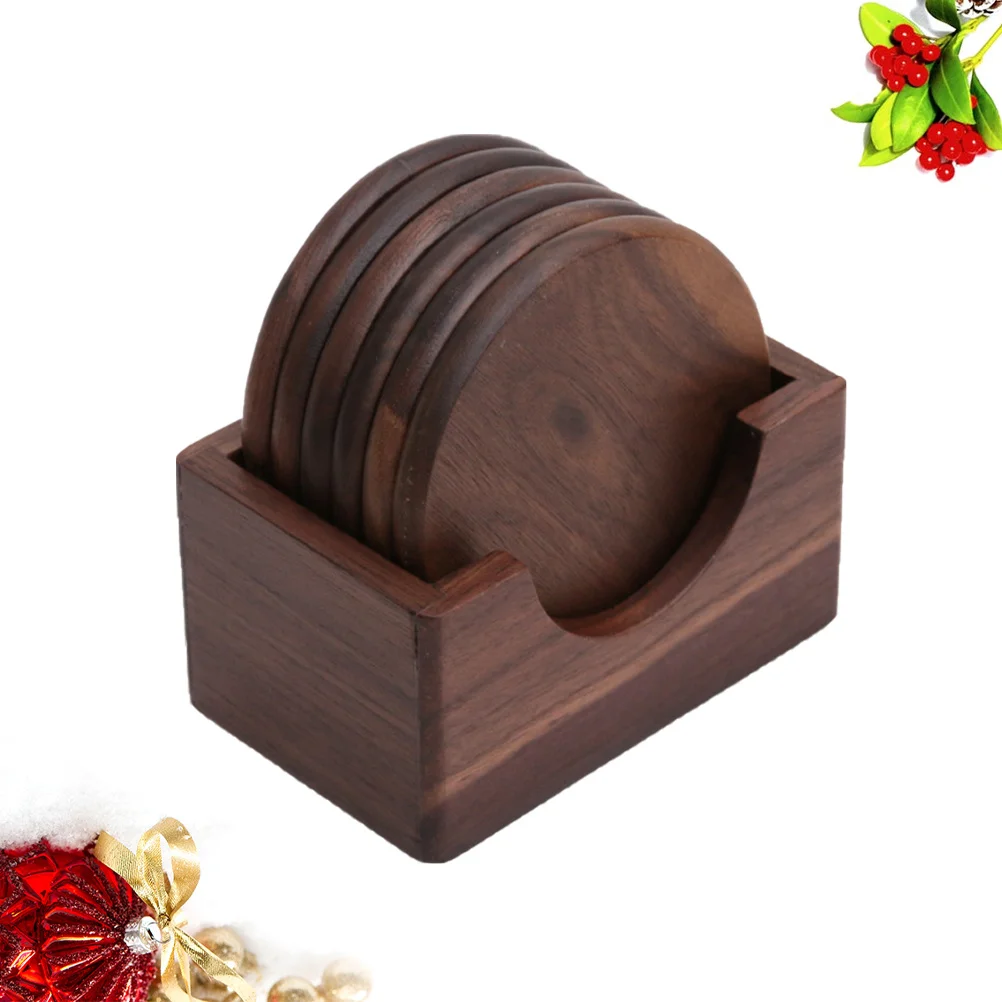 

6pcs Black Walnut Wooden Coasters Set Holder Mat For Home Tea Restaurant Decor Placemat Cup Pad