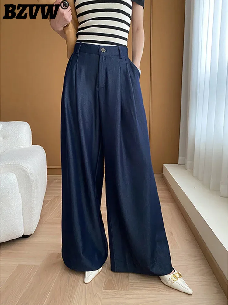 BZVW-Calça de perna larga feminina, Cintura alta, Monocromática, Calças compridas, Roupa elegante, Francês, Casual, Novo, 2021, 25A554